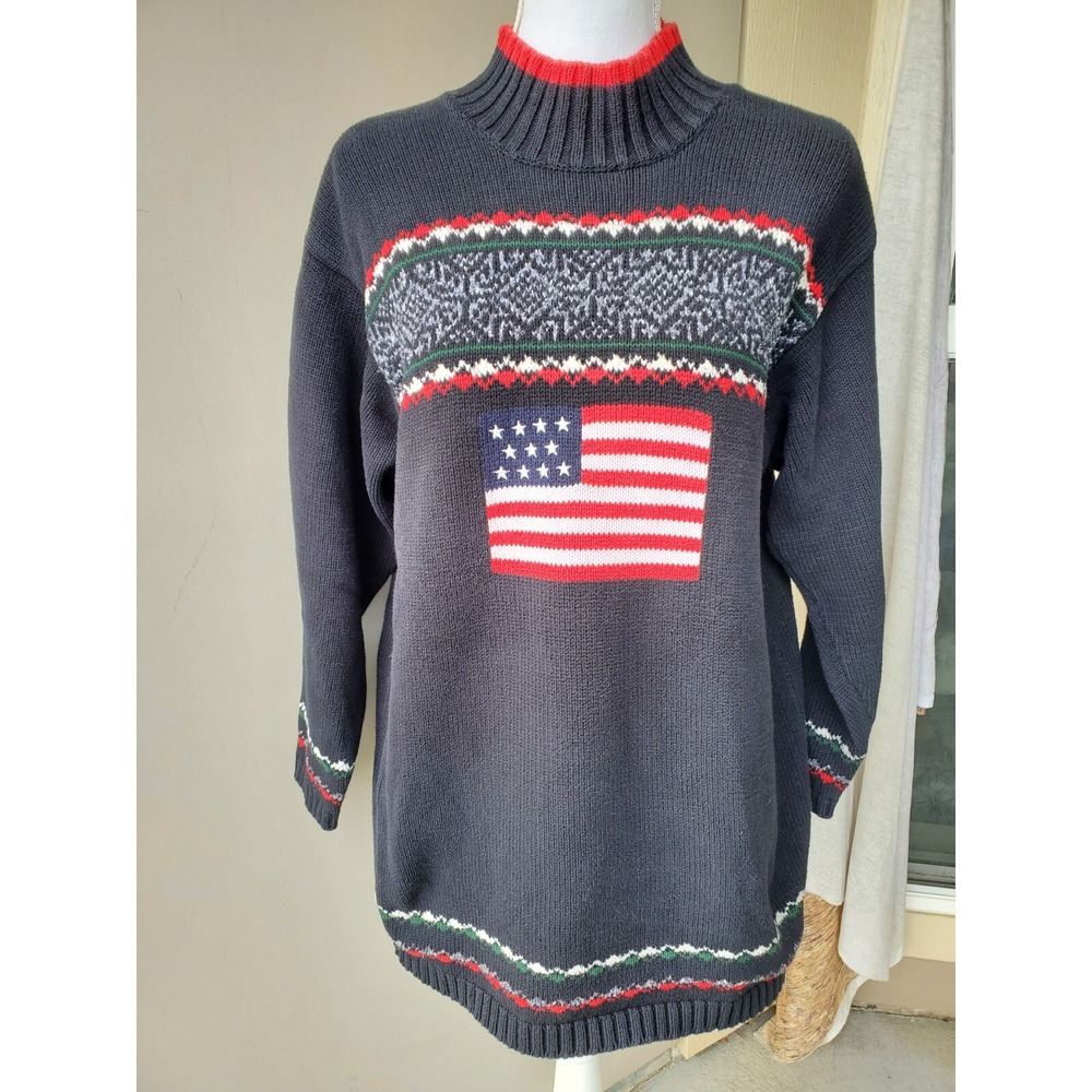 Liz & Co Sweater Womens Medium Black Red USA Flag Oversized Heritage Classic Y2K